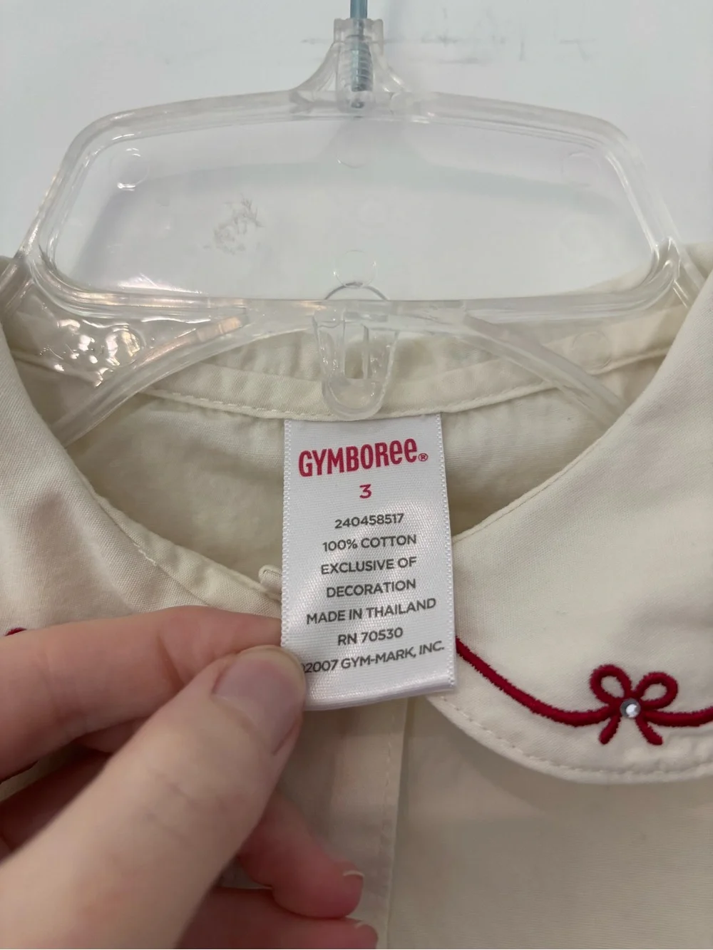Gymboree Long sleeve Ivory Button up With Red bow embroidered collar 3t